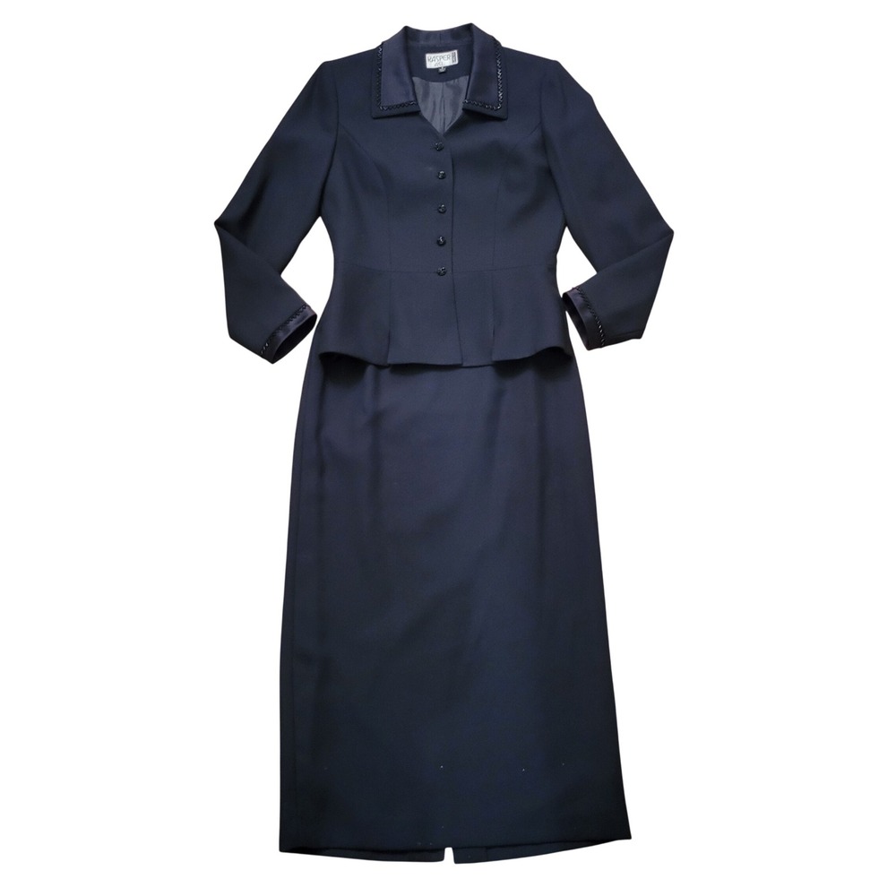 Kasper ASL 6 Black Skirt Suit Set Beaded Trim Peplum Blazer Maxi Skirt Academia